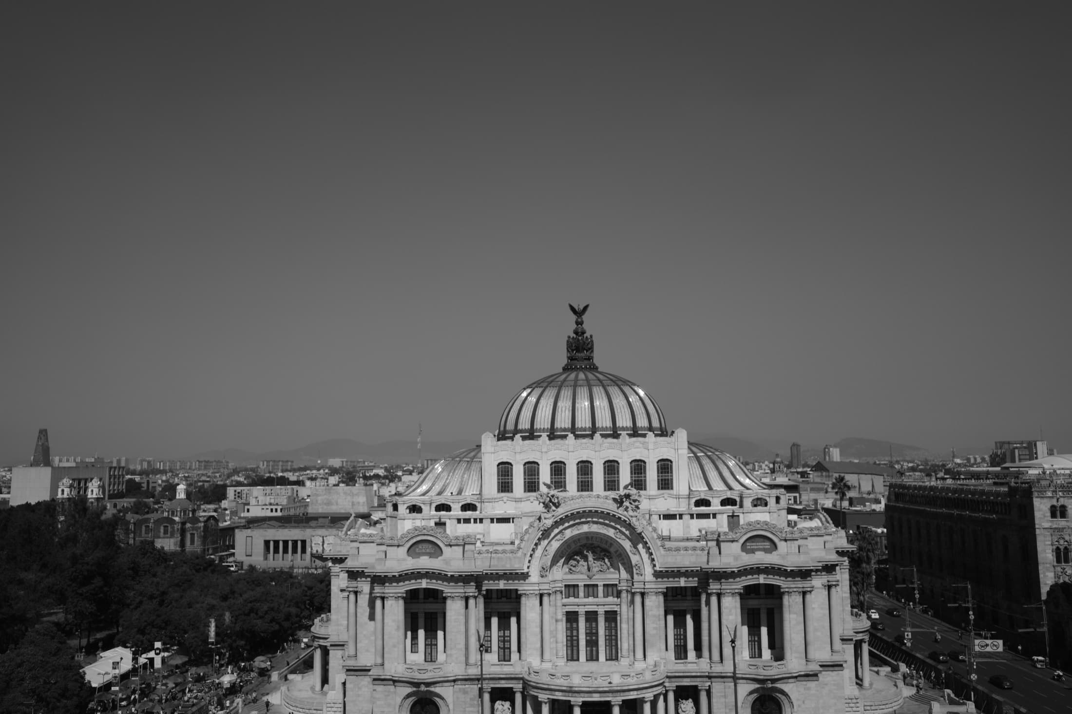The Palacio de Bellas Artes in Mexico City in black and white — its ornate dome and marble facade above the rooftops of the historic centre.
