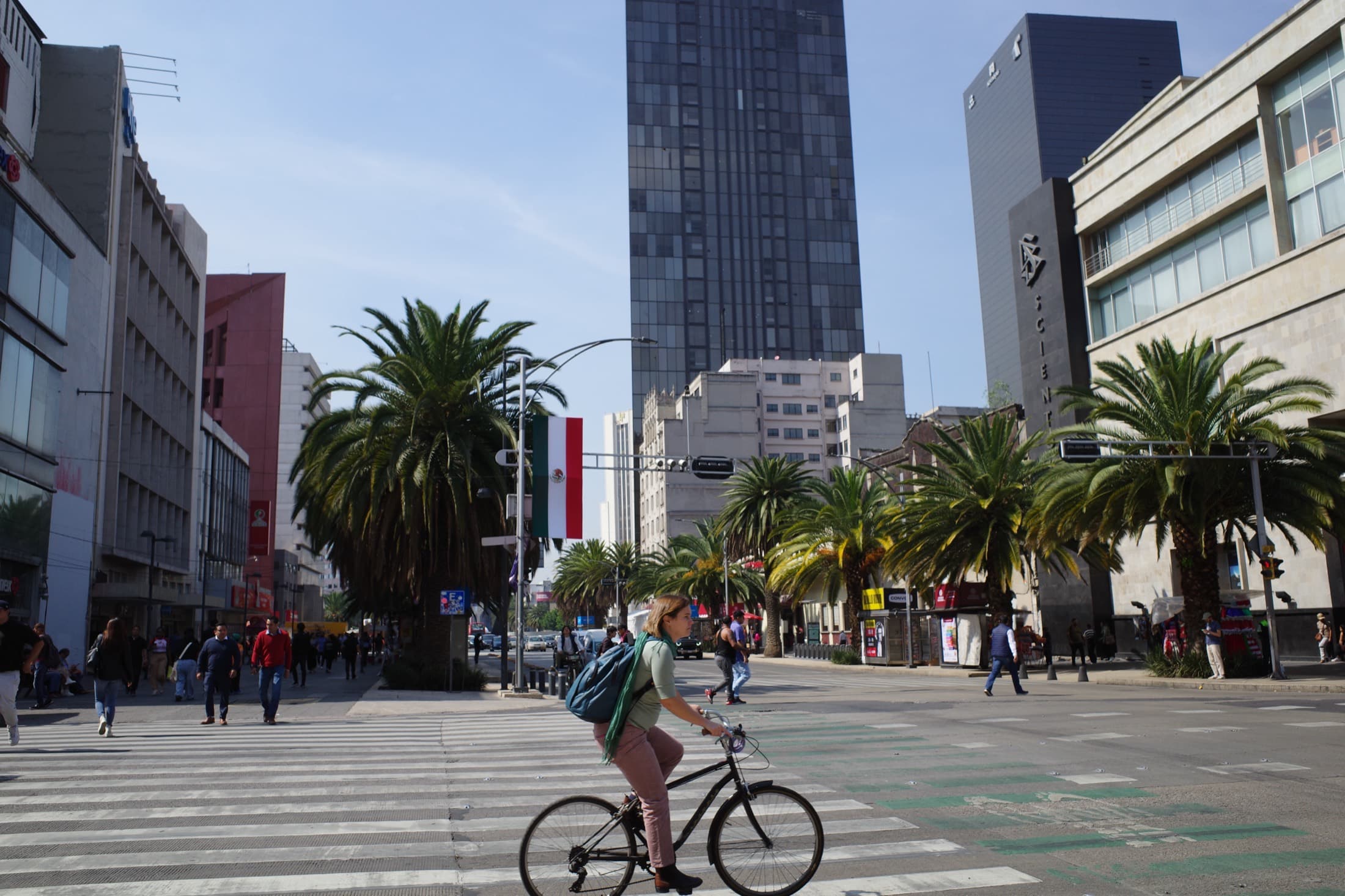 A woman cycling across a palm-lined central Mexico City avenue — a Mexican flag hanging from a lamppost, glass towers and pedestrians crossing on a bright morning.