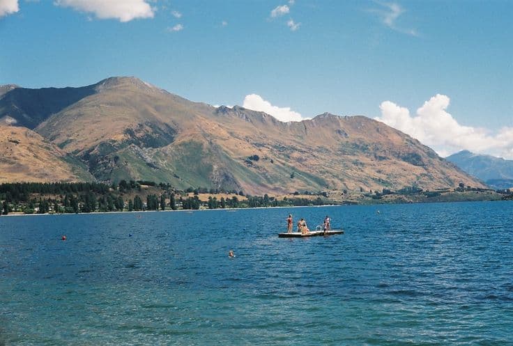 Lake Wanaka in summer — swimmers on a floating pontoon out on the deep blue water, brown tussock mountains rising straight behind the shoreline pines.