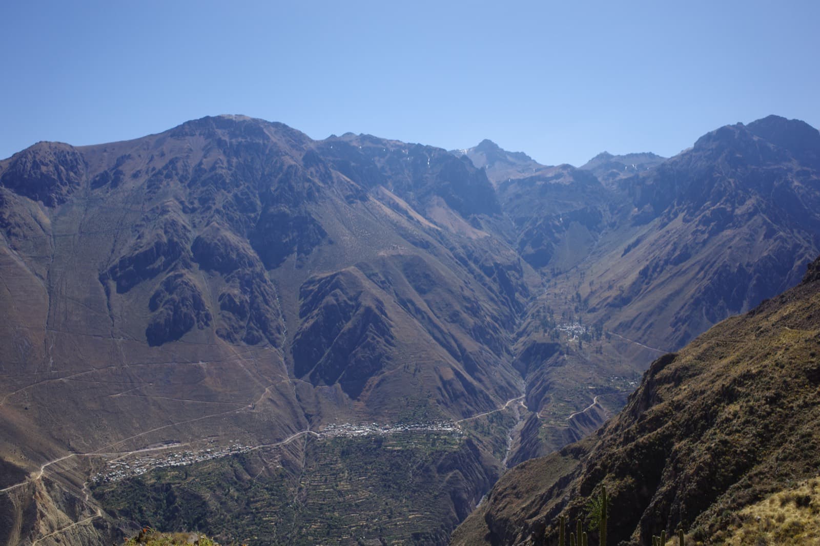 The Colca Canyon — one of the world's deepest — terraced hillsides and a tiny village on the canyon floor, arid peaks folding into the distance.