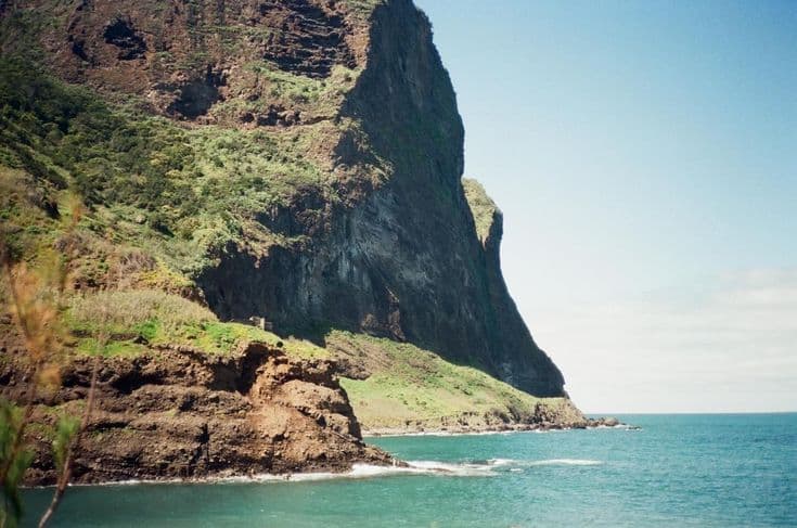Madeira's north coast — towering green-and-black volcanic sea cliffs dropping straight into the turquoise Atlantic.